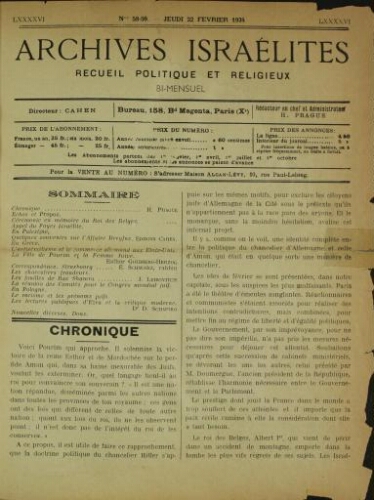 Archives israélites de France. Vol.96 N°58-59 (22 févr. 1934)